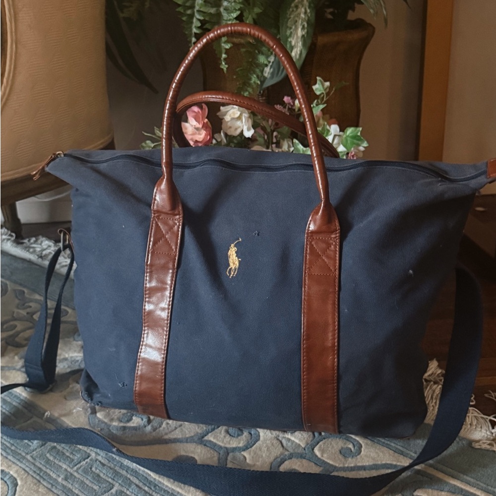 SOLD Vintage Ralph Lauren Polo Weekender Bag — Navy Canvas + Leather Trim